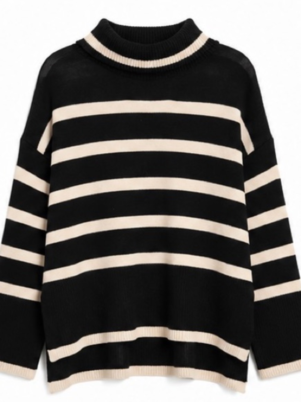 Who What Wear Black and Cream Striped Turtleneck Sweater